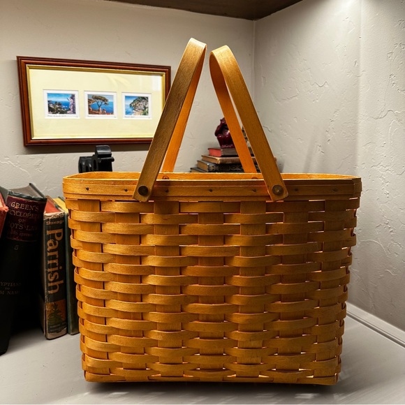 Vintage 1999 Longaberger Market Basket Woven Tan double swing Handled magazine - Picture 2 of 9